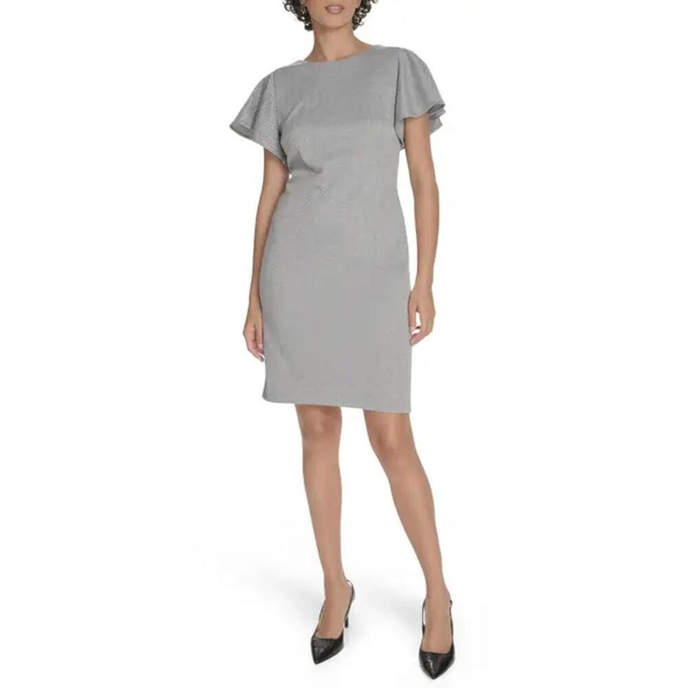 NWT! Tommy Hilfiger Flutter Sleeve Herringbone Sheath Dress Grey/Ivory Size 2